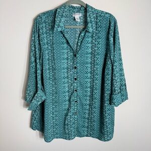 Catherine's 3/4 Sleeve Button Front Blouse top-Green Print-Lightweight-Size 1X